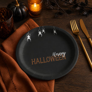 Plato De Papel Arañas Negras Feliz Halloween Fiesta Naranja