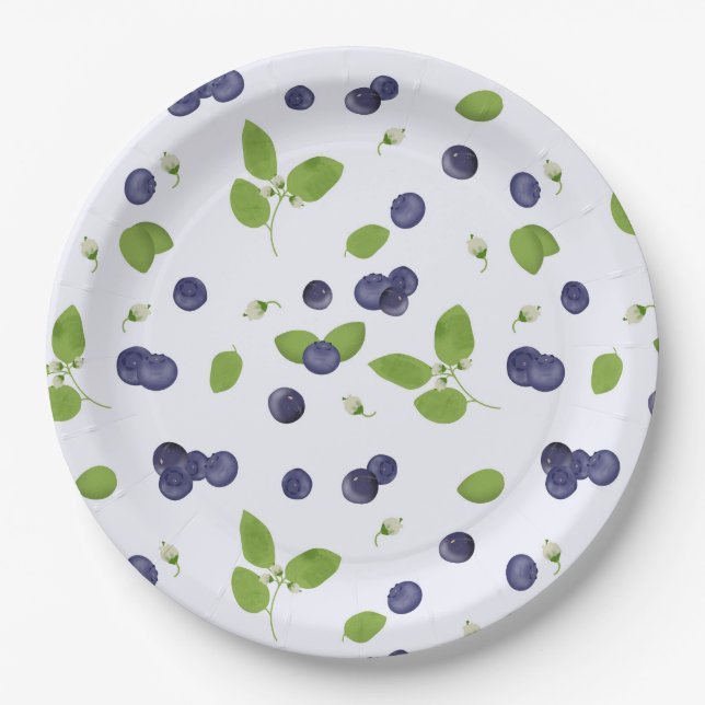 Plato De Papel Arándanos Acuarela Flores de Arándano Follaje (Anverso)