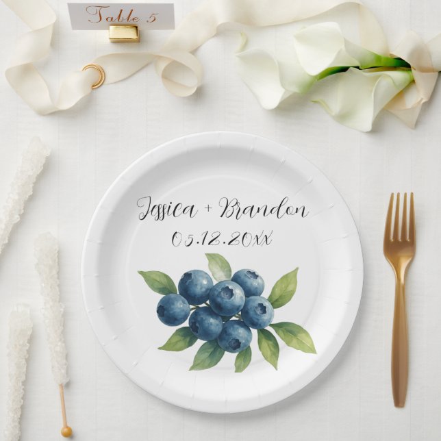 Plato De Papel Arándanos Fruta Arándano Acuarela Boda (Boda)