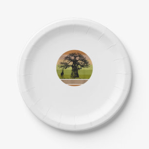 Plato De Papel Árbol baobab y puesta de sol retro de jirafa afric