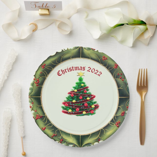 Plato De Papel Árbol clásico de Navidad y Holly (Boda)
