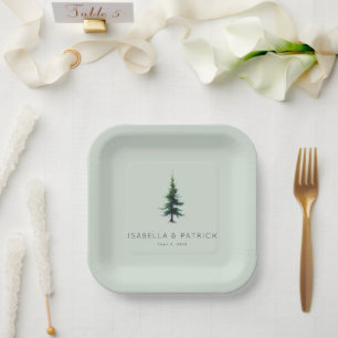Plato De Papel Árbol de acuarela verde calmado y silenciado
