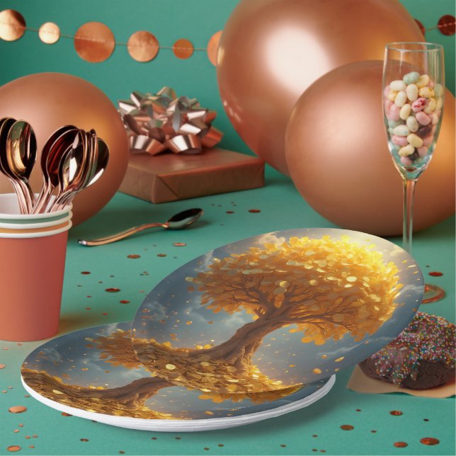 Plato De Papel Árbol de dinero de oro eterno (Multi)