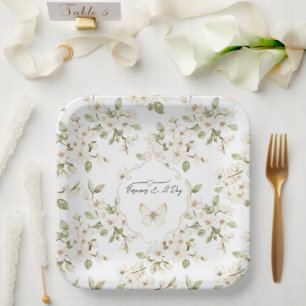 Plato De Papel Árbol de flores de mariposa de boda crema bonito