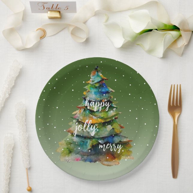 Plato De Papel Árbol de Navidad acuarela Merry Jolly Happy (Boda)