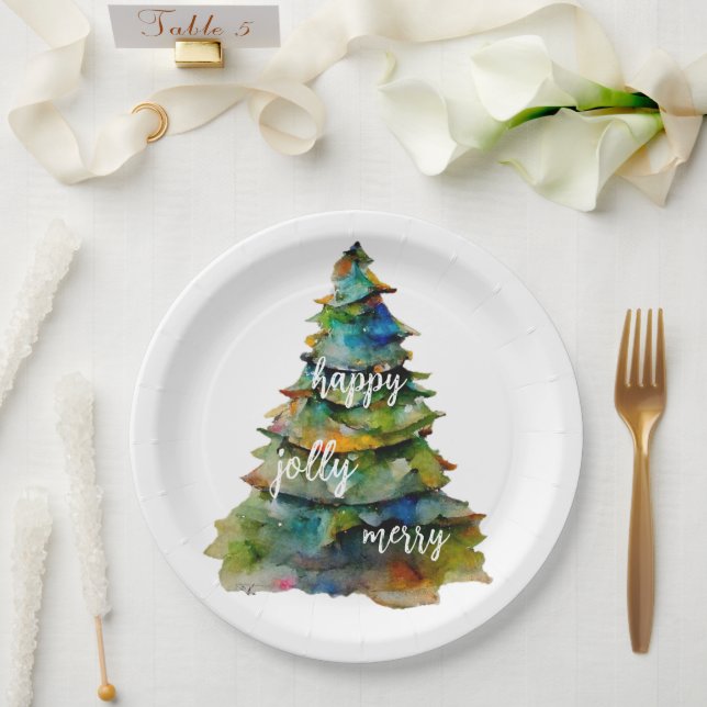 Plato De Papel Árbol de Navidad acuarela Merry Jolly Happy (Boda)
