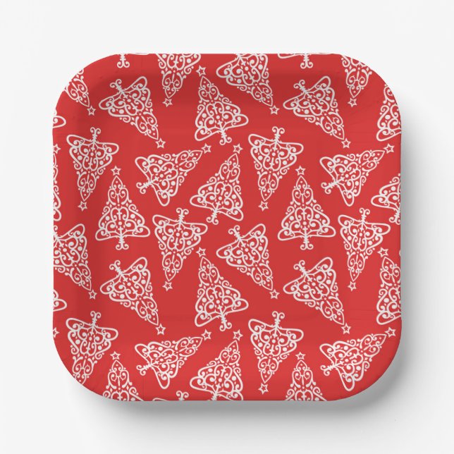 Plato De Papel Árbol de Navidad Blanco con Plaza de Respaldo Rojo (Anverso)