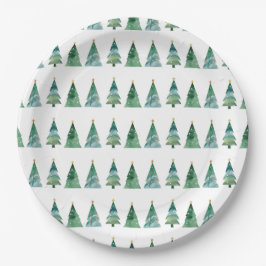 Plato De Papel Árbol de Navidad Blanco Verde Festivo de Invierno