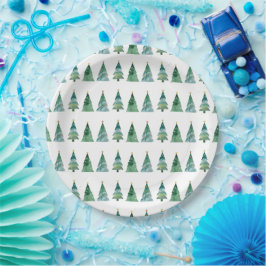 Plato De Papel Árbol de Navidad Blanco Verde Festivo de Invierno