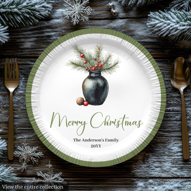 Plato De Papel Árbol de Navidad Boho Rústico en Estilo Botánico  (Rustic Boho Christmas Tree in Botanical Style Plate

)