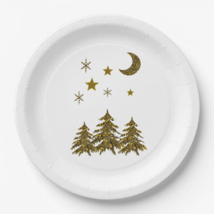 Plato De Papel Árbol de Navidad brillante, luna, estrellas