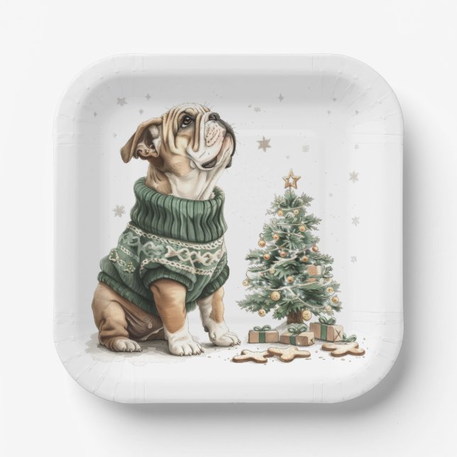 Plato De Papel Árbol de Navidad Bulldog inglés para navidades (Anverso)
