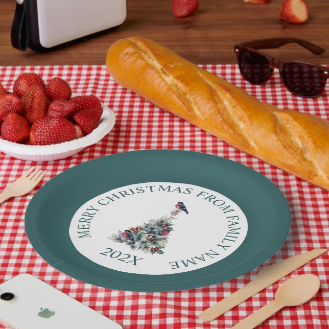 Plato De Papel Árbol de Navidad con decoración y Robin rojo (Picnic)