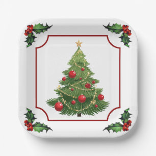 Plato De Papel Árbol de Navidad con Holly
