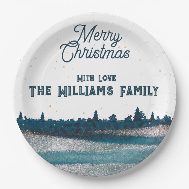 Plato De Papel Árbol de Navidad con nieve Feliz Navidad (Anverso)