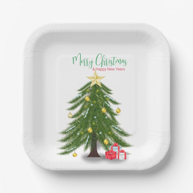 Plato De Papel Árbol de Navidad con presente rojo (Anverso)