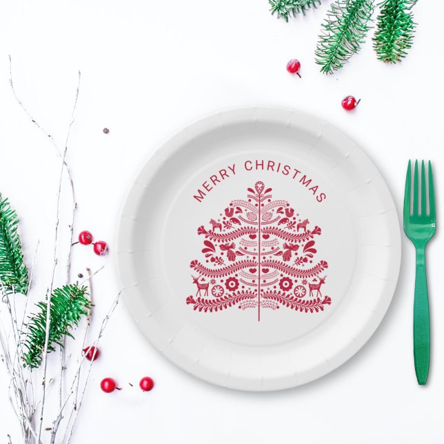 Plato De Papel Árbol de Navidad de Arte Popular Escandinavo Rojo (Subido por el creador)
