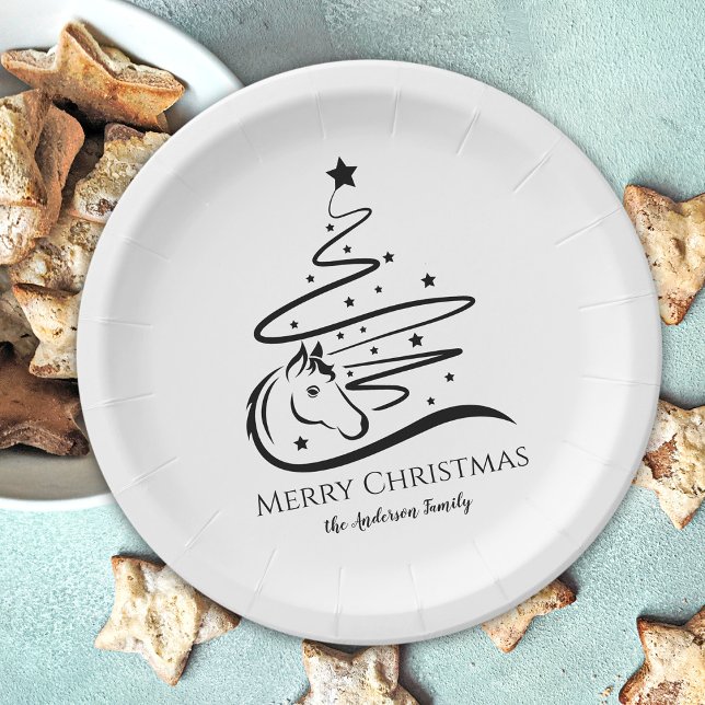 Plato De Papel Árbol de Navidad de caballos negro y blanco Ecuest (Horse Christmas tree paper plates, horse lover Christmas table decor, personalized)