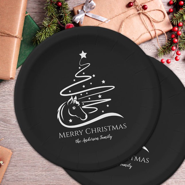 Plato De Papel Árbol de Navidad de caballos negro y blanco Ecuest (Horse Christmas tree black and white personalized paper plates for horse lovers)