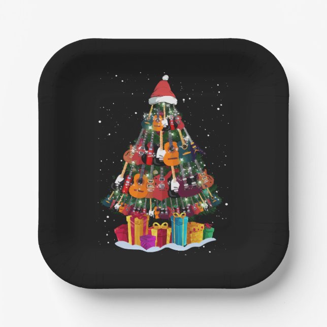 Plato De Papel Árbol de Navidad de guitarra divertido  (Anverso)
