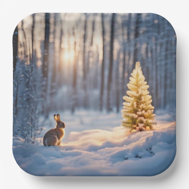 Plato De Papel Árbol de Navidad de invierno con conejo (Anverso)