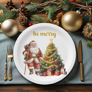 Plato De Papel Árbol de Navidad de Papá Noel Sé Alegre