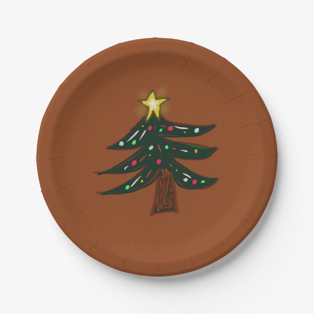 Plato De Papel Árbol de Navidad Dibujado a Mano Marrón  (Anverso)