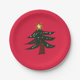 Plato De Papel Árbol de Navidad Dibujado a Mano Rojo
