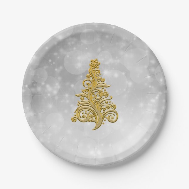 Plato De Papel Árbol de Navidad dorado en segundo plano (Anverso)