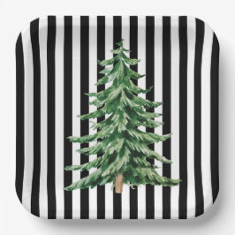 Plato De Papel Árbol de Navidad en Acuarela con Rayas Blancas y N