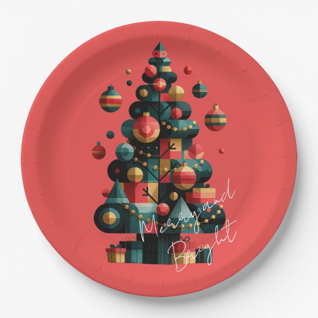 Plato De Papel Árbol de Navidad geométrico (Anverso)