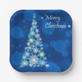 Plato De Papel Árbol de Navidad hecho de copos de nieve.
