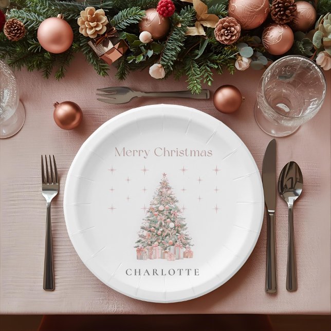 Plato De Papel Árbol de Navidad moderno con rubor Personalizado F (Subido por el creador)
