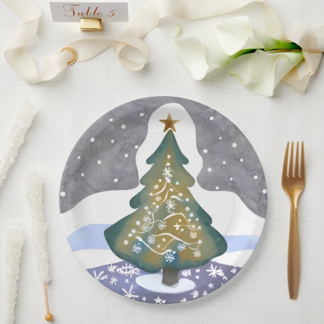 Plato De Papel Árbol de Navidad | Pintura de invierno acuarela (Boda)