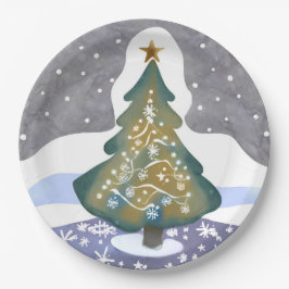 Plato De Papel Árbol de Navidad | Pintura de invierno acuarela