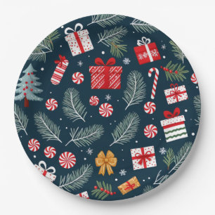 Plato De Papel Árbol de Navidad Regalos Candy Cane Bells
