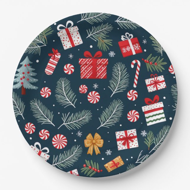 Plato De Papel Árbol de Navidad Regalos Candy Cane Bells (Anverso)