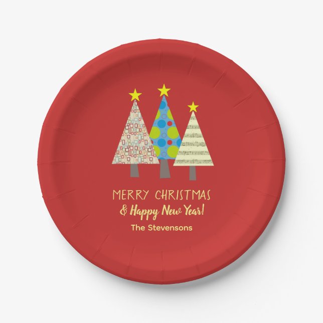 Plato De Papel Árbol de Navidad Rojo Personalizado (Anverso)