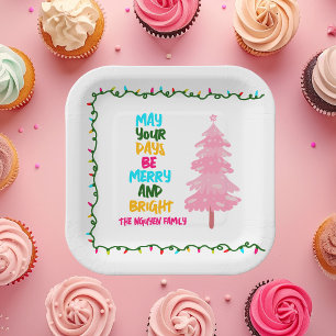 Plato De Papel Árbol de Navidad Rosa Brillante Alegre Colorido Fi