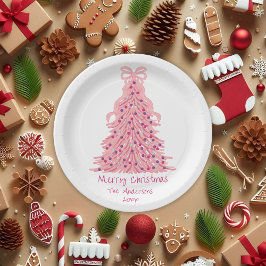 Plato De Papel Árbol de Navidad Rosa con Lazo Rosa