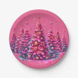 Plato De Papel Árbol de Navidad Rosa Estética Elegante y Moderna