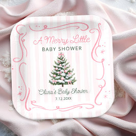 Plato De Papel Árbol de Navidad Rosa Invierno Baby Shower