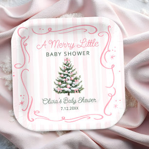 Plato De Papel Árbol de Navidad Rosa Invierno Baby Shower