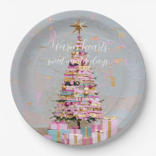 Plato De Papel Árbol de Navidad rosa y dorado con empaste
