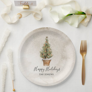 Plato De Papel Árbol de Navidad Rústico Feliz Fiestas