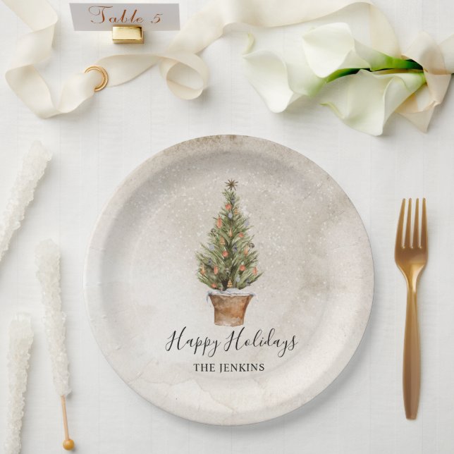 Plato De Papel Árbol de Navidad Rústico Feliz Fiestas (Boda)