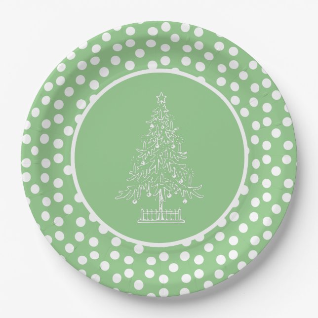 Plato De Papel Árbol de Navidad Verde y Blanco (Anverso)