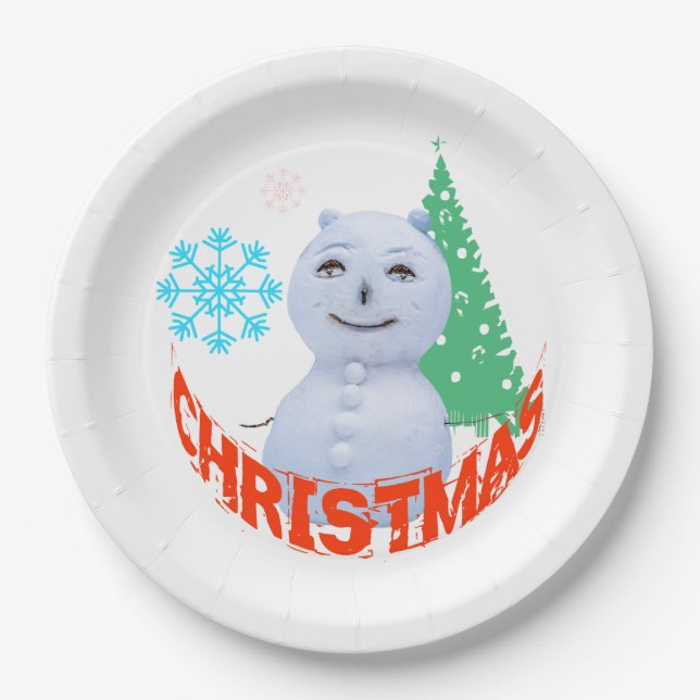 Plato De Papel Árbol De Navidad Y Snowman (Anverso)