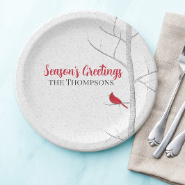 Plato De Papel Árbol de pájaros del cardenal rojo de la temporada