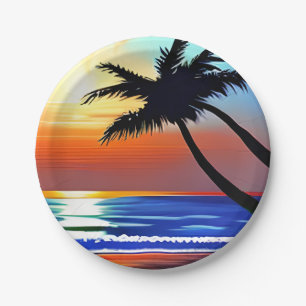 Plato De Papel Árbol de palmas y océano tropical bonito